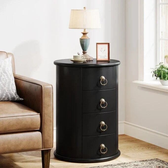No Assembly Solid Wood End Table, Vintage Round Side Drawers Table