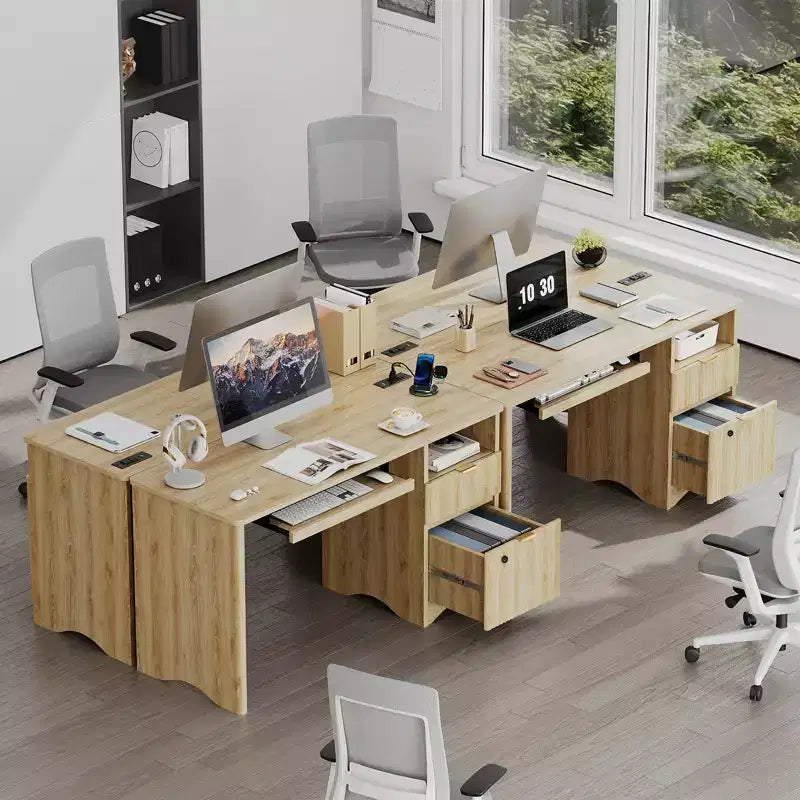 Bestier 55 slimme computerbureau, eiken schrijf bureau met archiefladen en stopcontact, directiebureau met open opbergruimte en toetsenbordlade