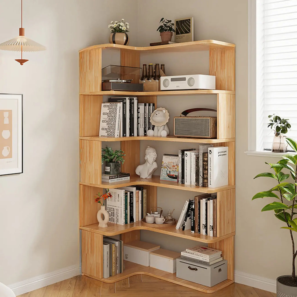 Bibliothèque verticale en bois en forme de L, finition naturelle, dos ouvert