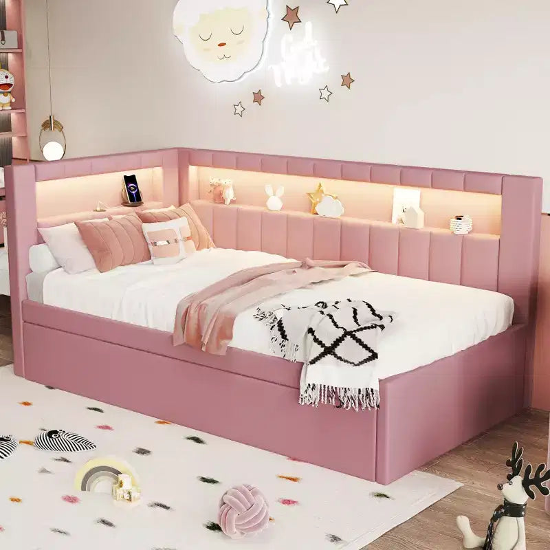 Daybed in Twin-/Full-Größe mit Ausziehbett und L-förmigem Bücherregal-Kopfteil, weiches Eckbett mit Leinenpolsterung, Ablagefächern und LED-Band