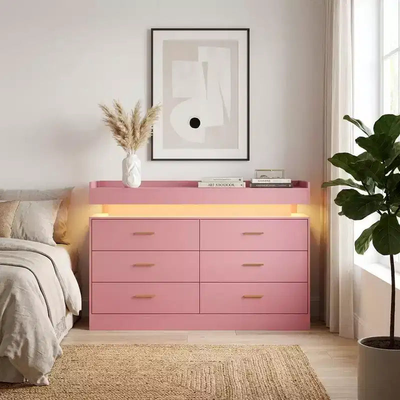 Meuble TV moderne avec 6 tiroirs et éclairage LED, comptoir flottant faisant office de bar à café pour centre de divertissement du salon