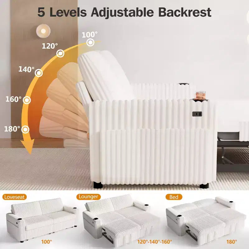Dyonery 91-delige slaapbank met chaise longue en uitschuifbaar bed, verstelbare rugleuning/twee uitschuifbare bedden/USB-poorten/bekerhouders, zacht corduroy