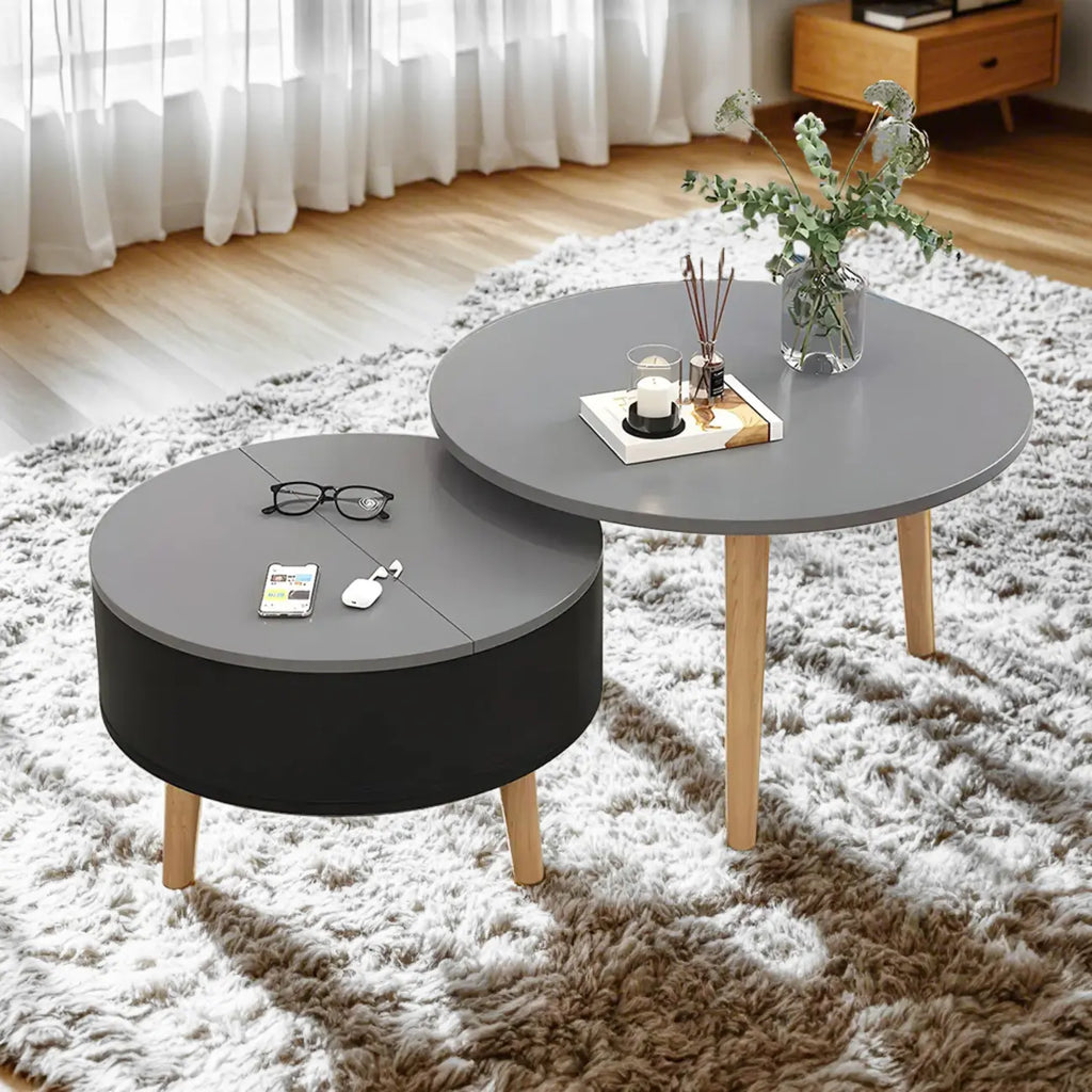 Black White Modern Round Wood Coffee Table with Storage