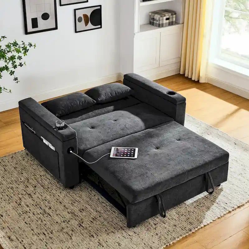 Sofa rozkładana 54, 2-osobowa sofa z funkcją spania i rozkładanymi fotelami, schowkiem, poduszką lędźwiową i gniazdem USB