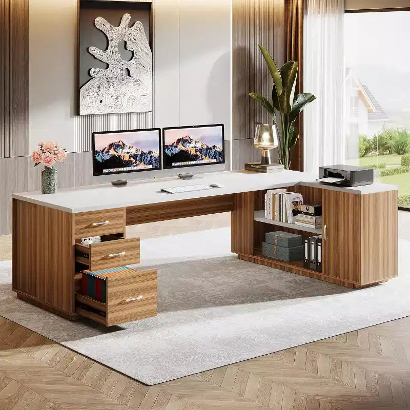 Lantine 85.8 L-Shaped Executive Desk, Extra Large Office Computer Desk with File Drawers for Home Office