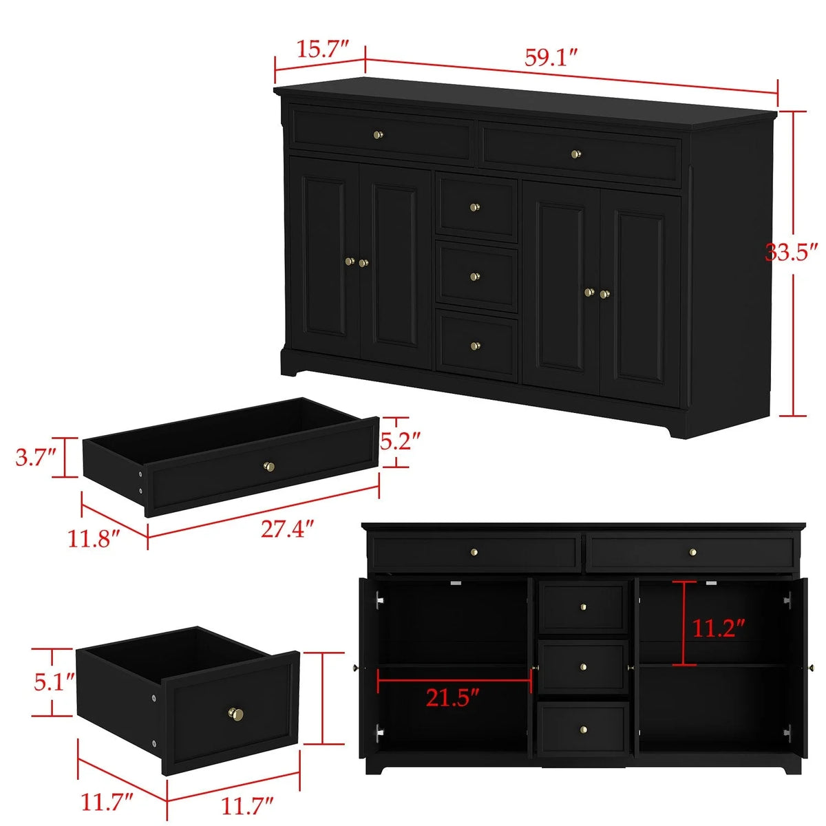 Credenza buffet bianca da 59.1'' in stile moderno di metà secolo, contemporanea e laccata