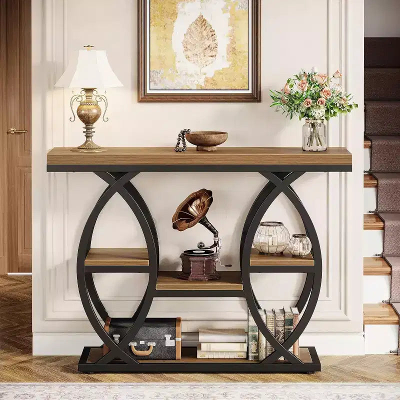 Lantine 39.4 Console Table, Industrial 4-Tier Sofa Table Entryway Table with Storage Shelves and Metal Frame for Small Spaces, Hallway, Foyer, Brown