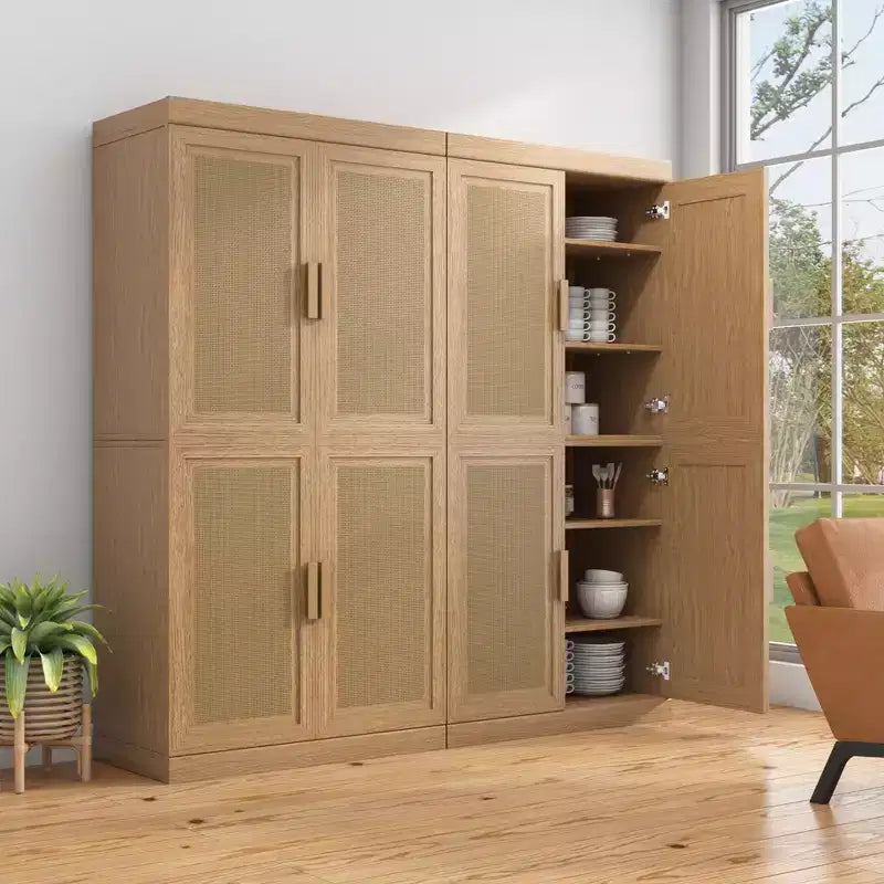 Credenza decorativa nera in vimini effetto legno alta 62 cm con anta e 12 ripiani
