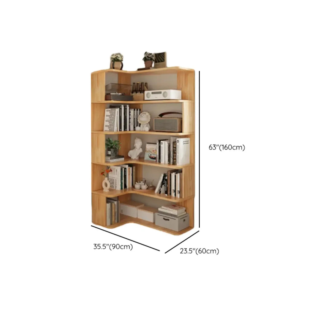 Bibliothèque verticale en bois en forme de L, finition naturelle, dos ouvert