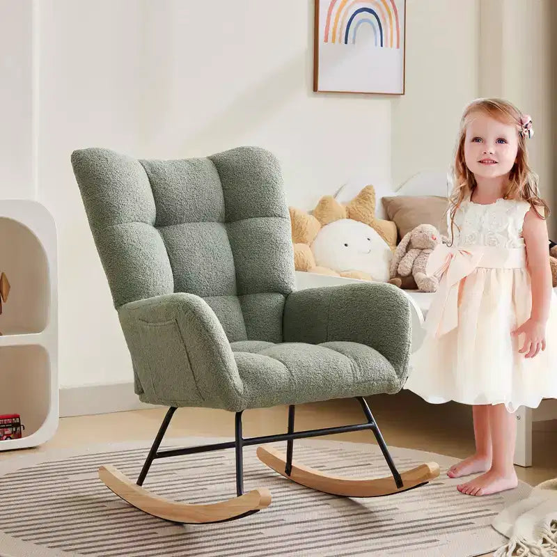 Nursery Rocking Chair, Living Room Glider Rocker for Breastfeeding, Comfy Accent Chairs for Bedroom, Plush Teddy Upholstered Armchairs Indoor