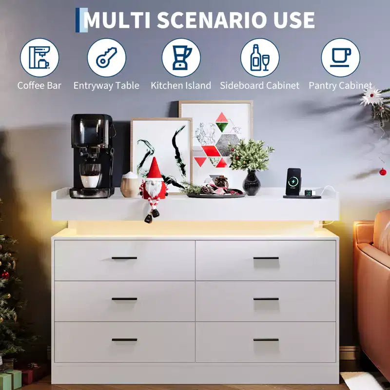 Meuble TV moderne avec 6 tiroirs et éclairage LED, comptoir flottant faisant office de bar à café pour centre de divertissement du salon
