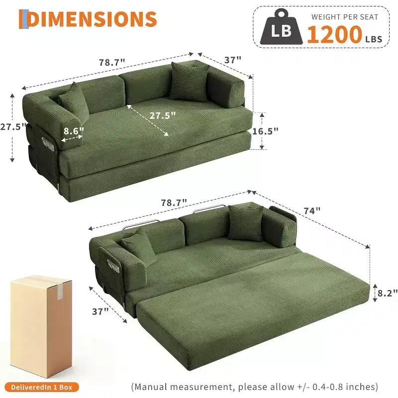 5-in-1-Schlafsofa, 78,8 Zoll, modulares Corduroy-Schlafsofa mit stabilem Rahmen, vielseitiger Futon für kleine Räume, Wohnzimmer und Gästezimmer