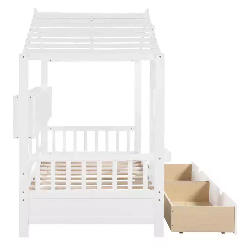 Holzhausbett in Twin-/Full-Größe mit 2 Schubladen, Kinderbett mit Ablagefach – ModernLuxe