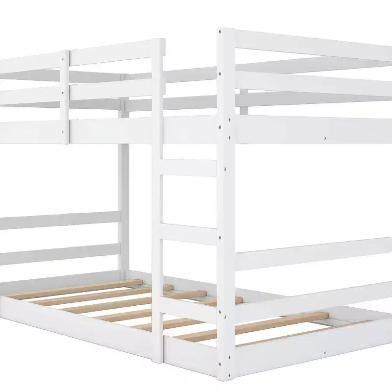Low Bunk Bed , Wooden Floor Bunk Bed with Ladder, Bunk Bed with Full Guardrails