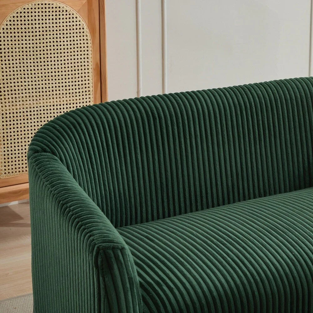 2-zitsbank met bekleding van corduroy en houten poten in walnootkleur