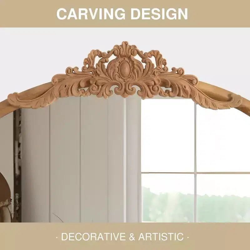 37 in. W x 71 in. H Classic Carved Arch Wood Frame with Rattan Bottom Wall Mirror in Brown