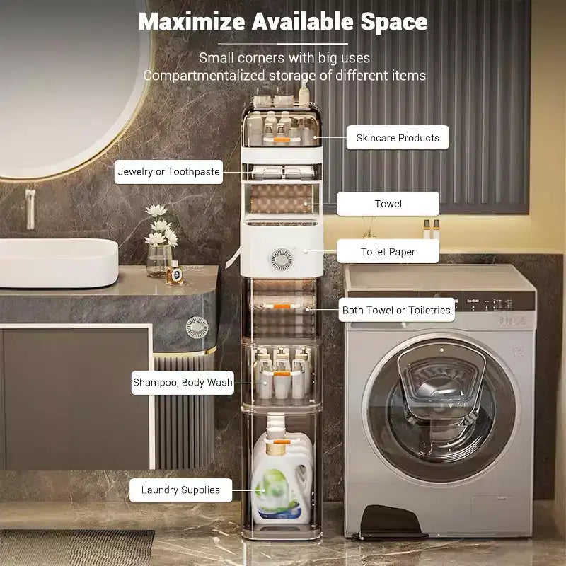 Schmaler Badezimmerschrank, 7-stufiger schmaler Aufbewahrungsschrank mit wasserdichten Organizern, Toilettenpapierhalter und Rollen, ideal für Bad, Küche und Waschküche