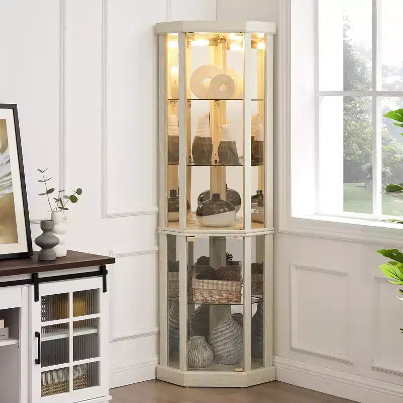 Hoekvitrinekast met glazen deuren en planken, hoekvitrine voor woonkamer