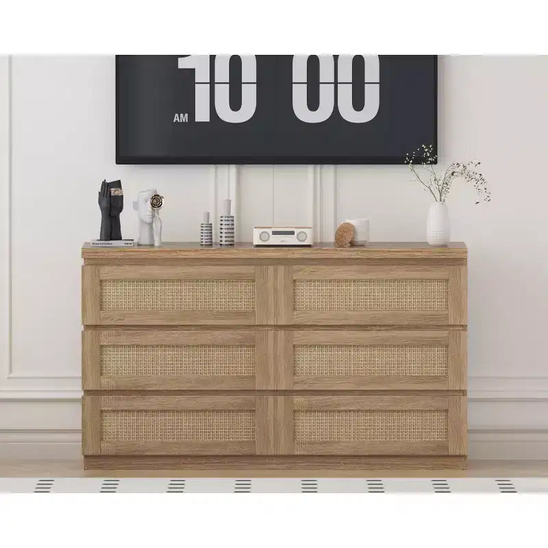 Rattan-Kommode fürs Schlafzimmer mit 6 Schubladen, 119 cm breite moderne Kommode im Landhausstil, Holzschrank mit Stauraum-Organizer für Kleiderschrank, Wohnzimmer und Flur