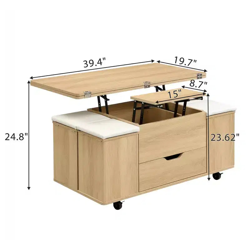 Table basse moderne multifonctionnelle relevable avec rangement dissimulé, 4 tabourets et roulettes, idéale pour les espaces de vie modernes