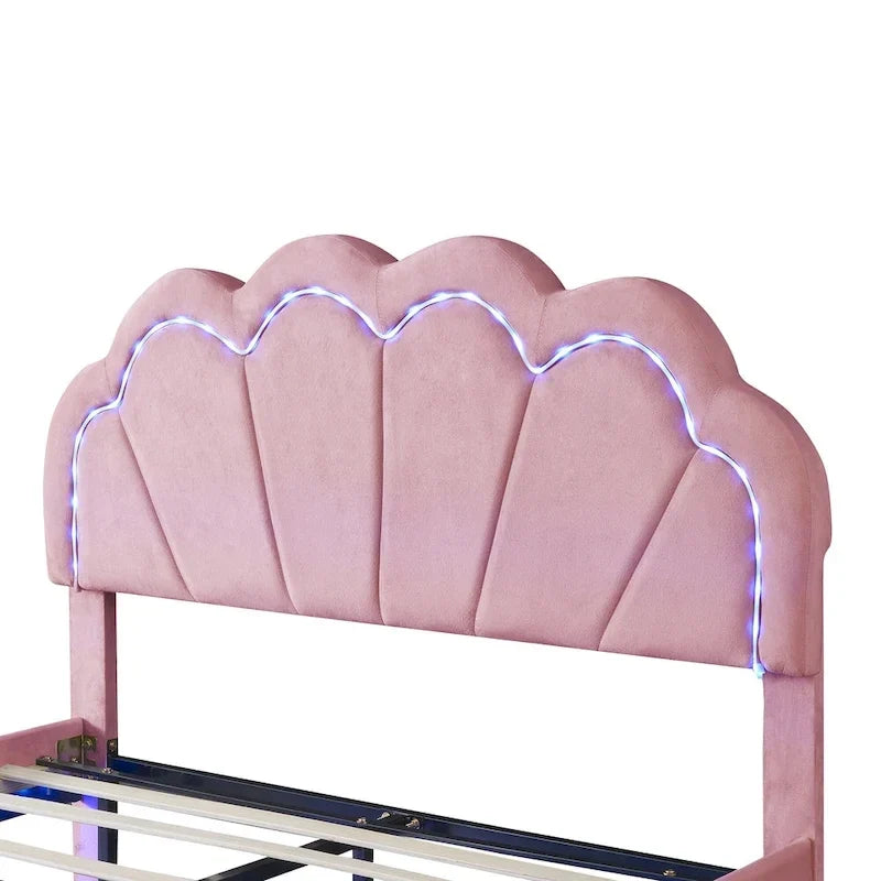2-teiliges Schlafzimmer-Set: LED-Polsterbett in voller Größe mit Stauraumhocker