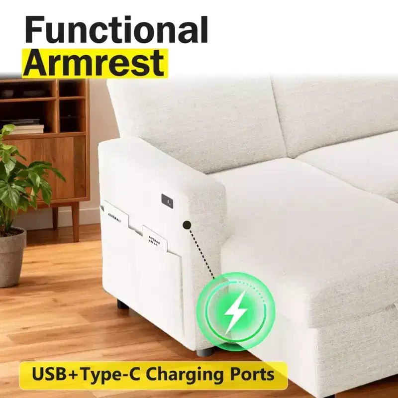 2-in-1-Ausziehsofa mit Stauraum und Ottomane, Chenille-Ecksofa mit USB-Anschlüssen für das Wohnzimmer