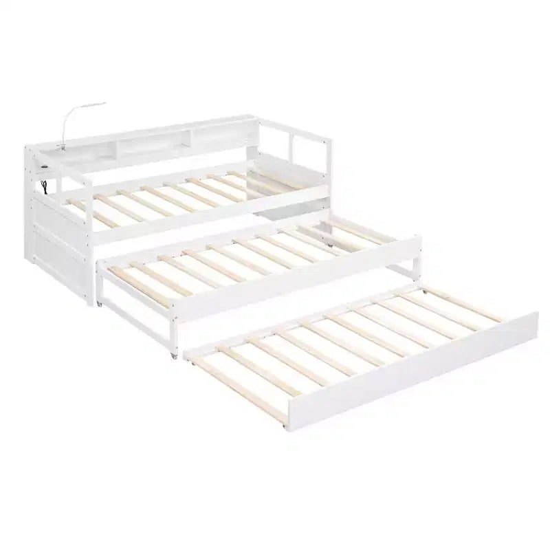 Whisen Twin XL Wood Daybed with 2 Trundles, 3 Storage Cubbies, 1 Light for Free and USB Charging Design