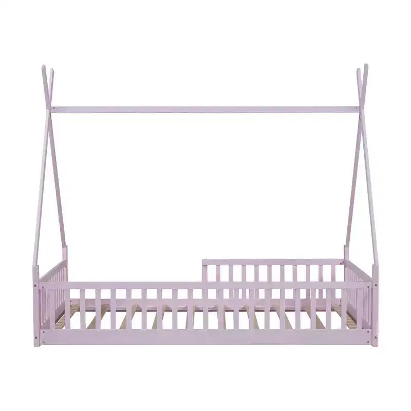 Floor Bed for Kids, Twin Size Tent Beds, Montessori Floor Bed with Slats and Fence Rails, Wood House Bed Frame for Boys Girls
