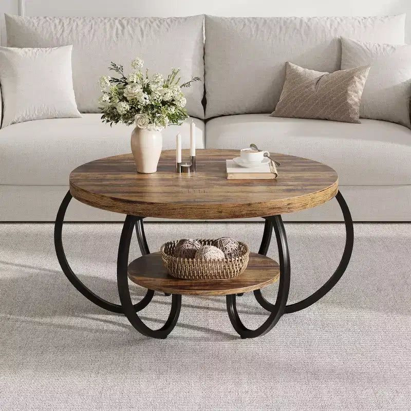 Table basse ronde industrielle de 30 pouces à 2 niveaux avec pieds réglables, étagère effet bois, motif de flammes, montage facile, salon