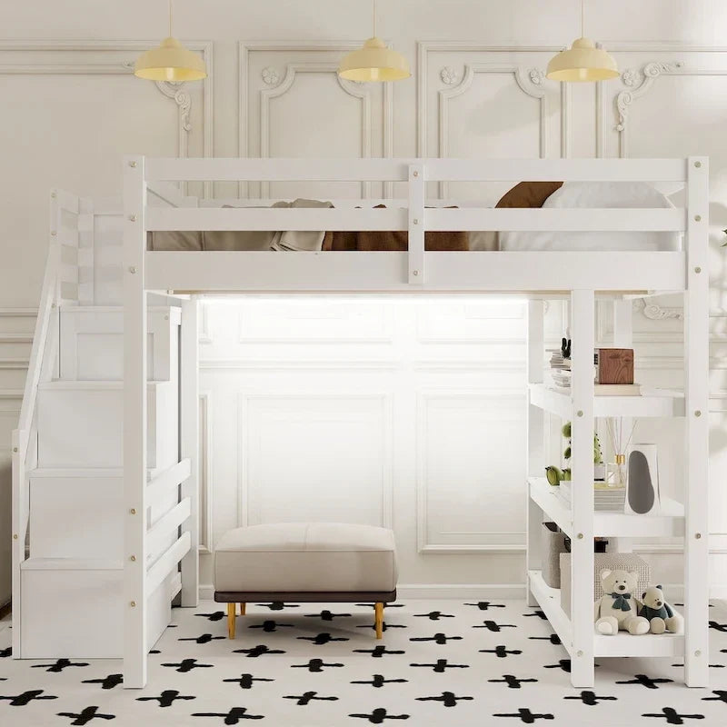 Hoch-/Etagenbett in Full-/Twin-Größe mit Stauraumtreppe – Regale, Kleiderschrank und LED-Beleuchtung, platzsparendes Design