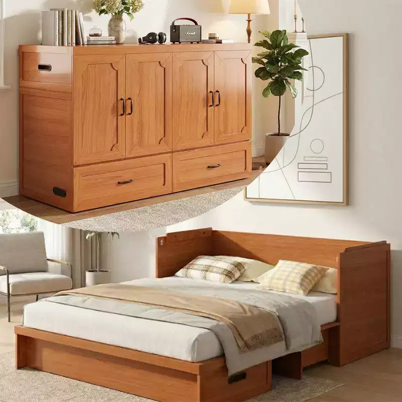 Mjkone Queen Size Convertible Murphy Cabinet Bed with USB Charging, Storage Drawers,No Mattress Included