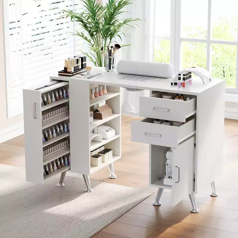 Stół do manicure 42'' dla stylistki paznokci z pochłaniaczem pyłu i podkładką pod nadgarstek, biurko do paznokci z pionową wysuwaną szafką, 1 szafka do przechowywania, 2 szuflady