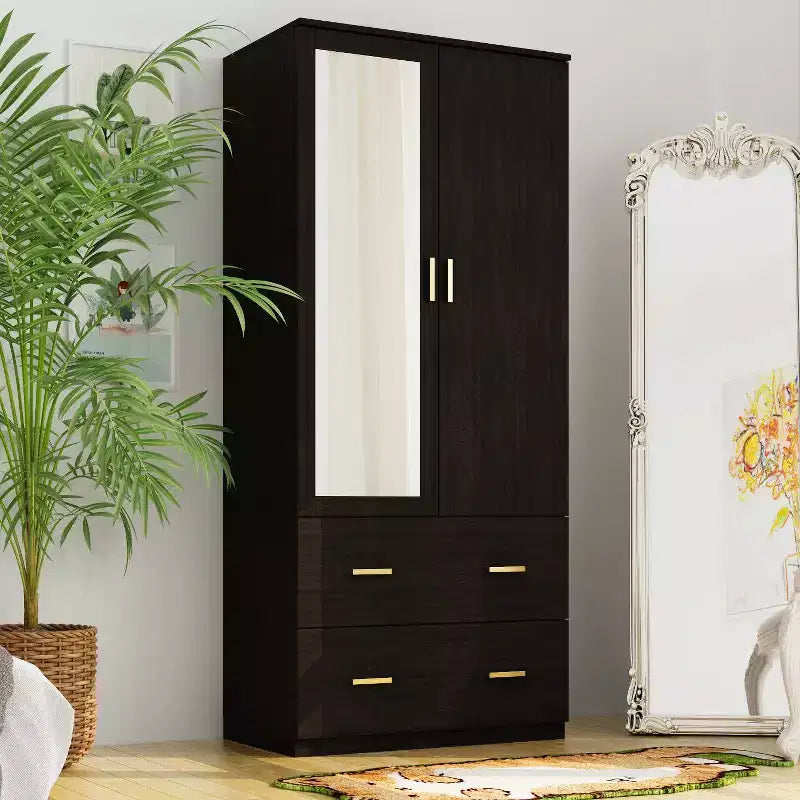 Armoire Hitow à portes miroirs avec deux tiroirs et rangement compartimenté
