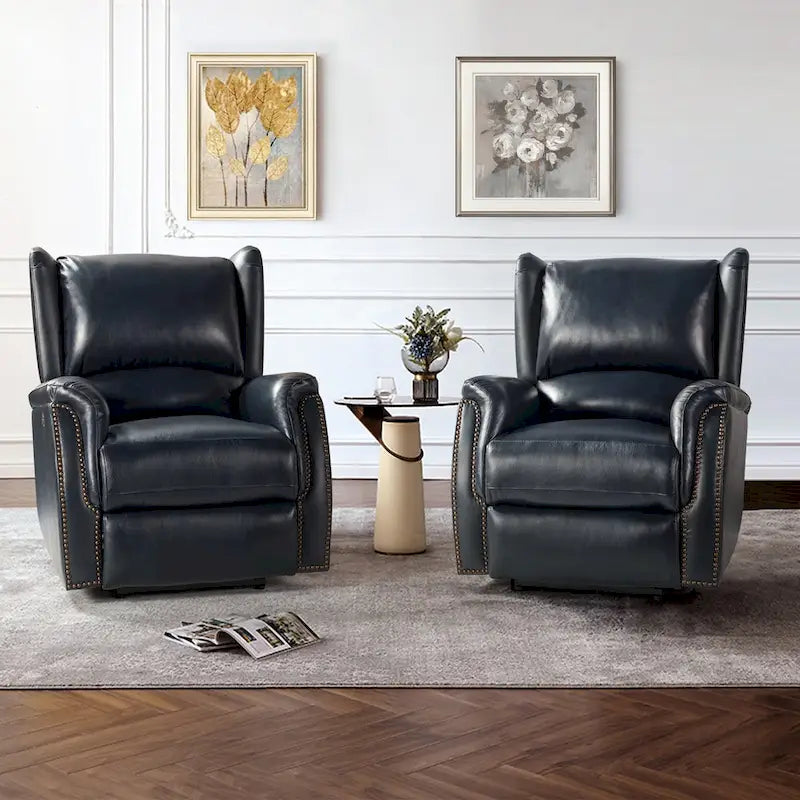 Genuine Leather Power Recliner with USB Port 鈥?Wingback Nailhead Set of 2
