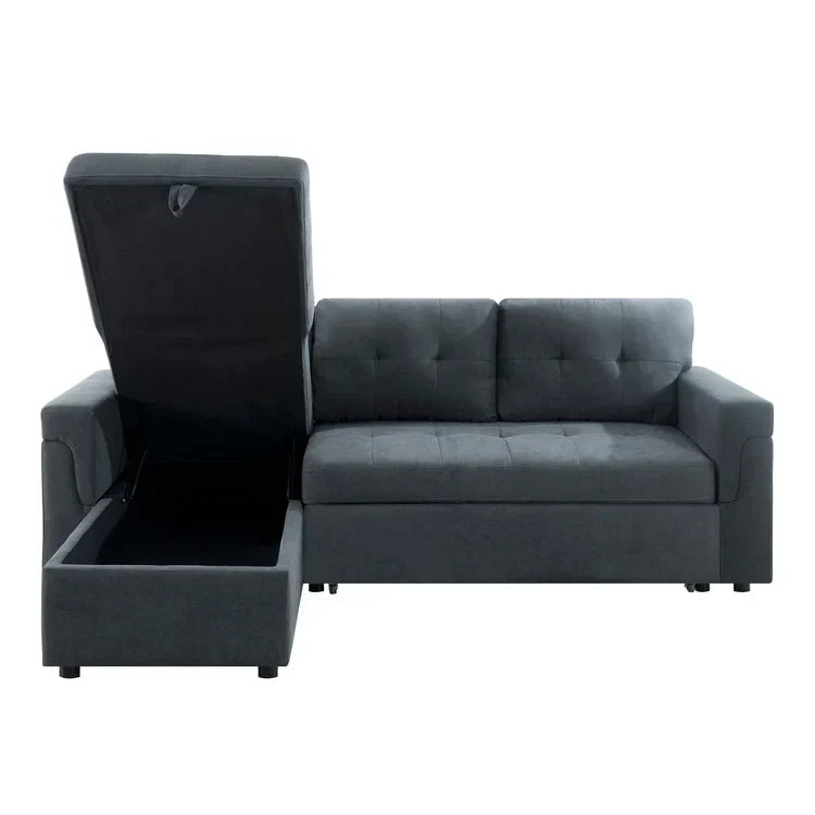 Divano componibile reversibile trasformabile con letto estraibile, chaise longue con contenitore nascosto e gambe resistenti
