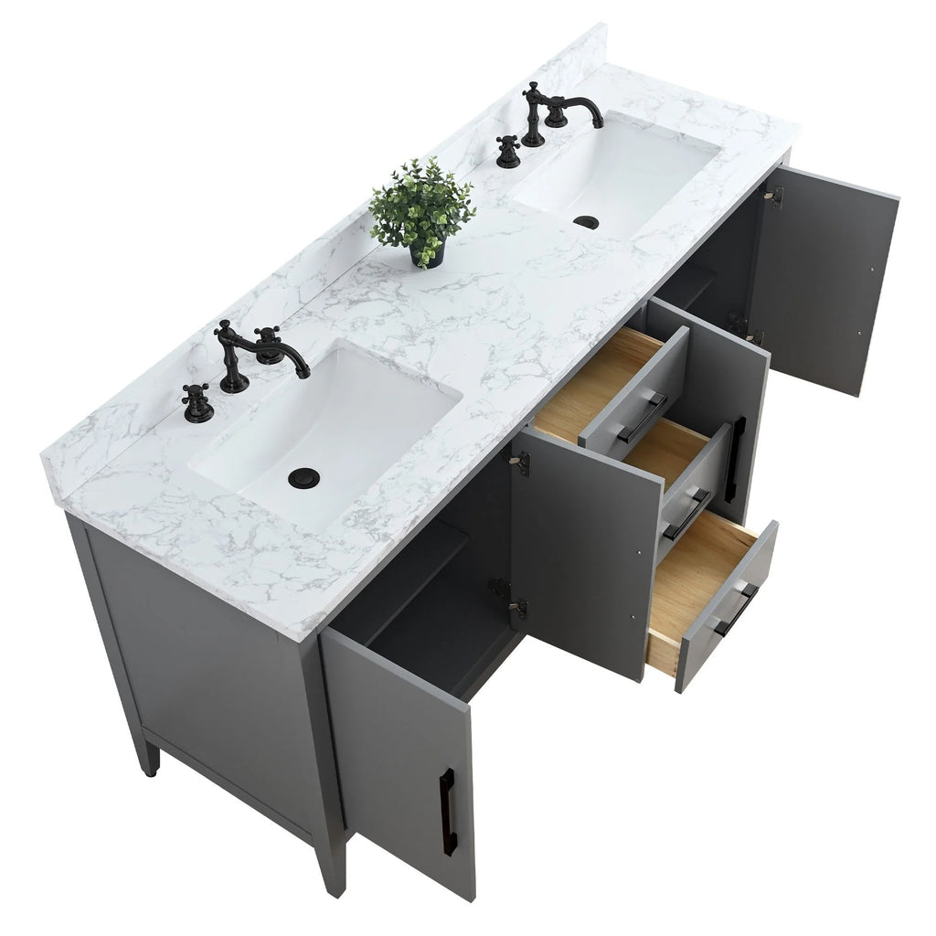 Vanity Art 72 badkamermeubel met dubbele wastafel en blad van composietmarmer