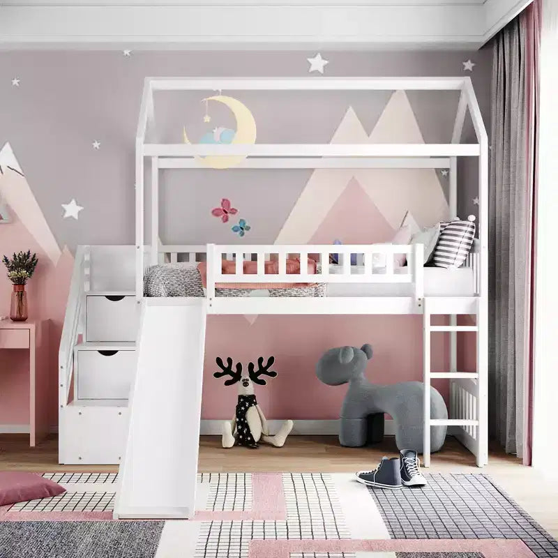 Twin House Loft Bed with Slide and Stairs, Loft Bed with Storage Drawers, Wood Cabin Loft Bed for Kids Toddlers