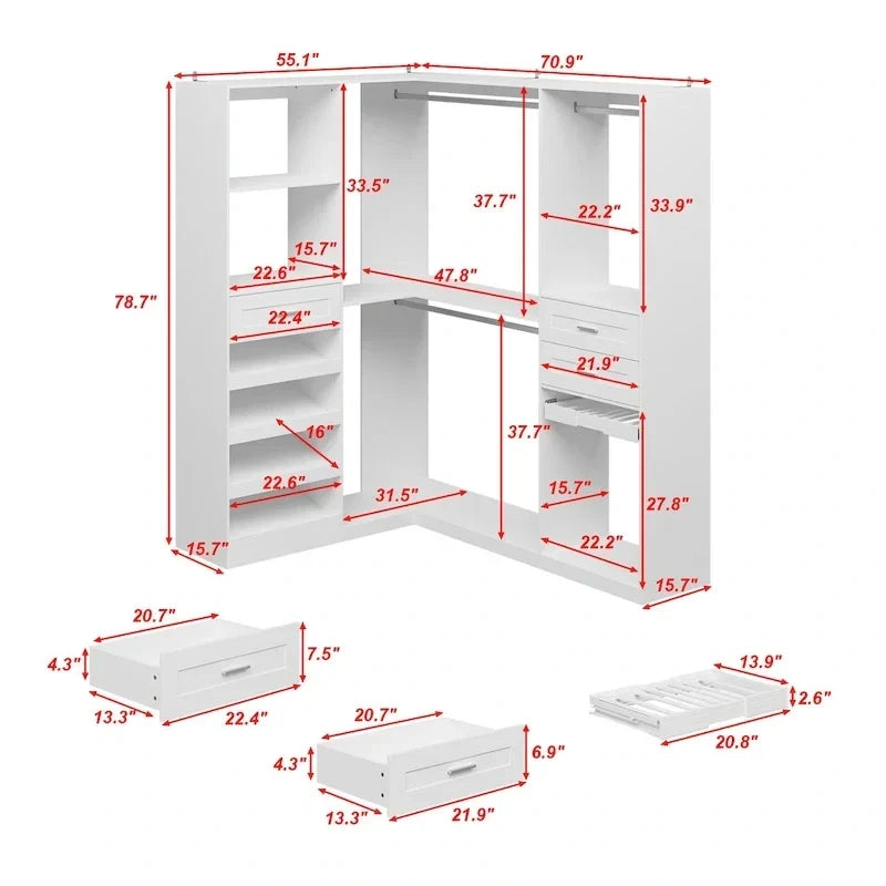 Penderie d'angle avec 2 tringles, porte-pantalons et organisateur de rangement pour chaussures