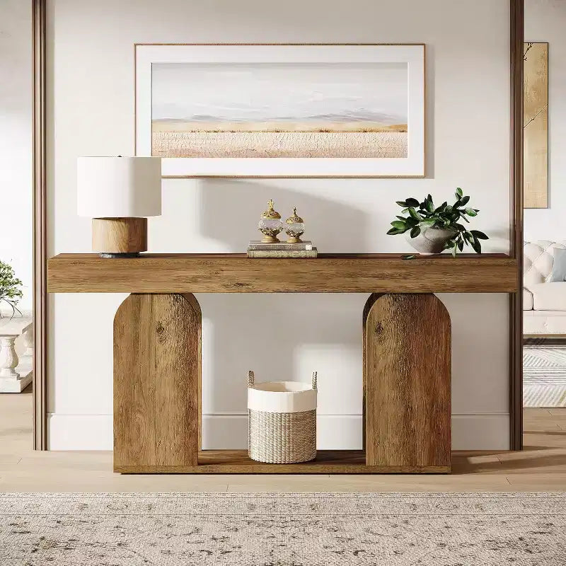 Lantine extra langer Landhaus-Konsolentisch, 70,9 Zoll, mit zweistöckigem Holzregal, geeignet für Flur, Wohnzimmer und Eingangsbereich, Vintage-Braun