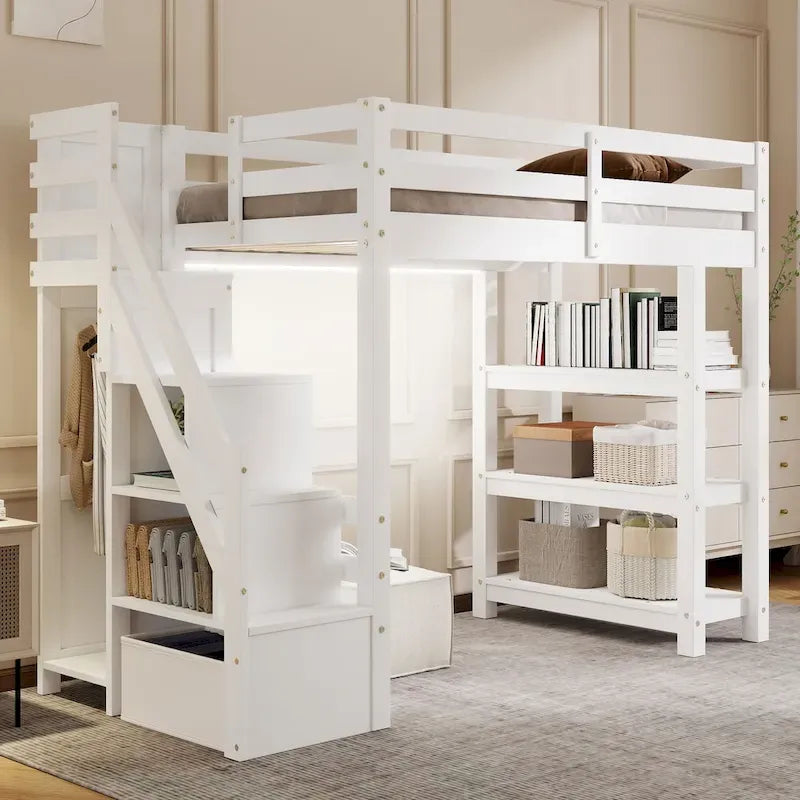 Hoch-/Etagenbett in Full-/Twin-Größe mit Stauraumtreppe – Regale, Kleiderschrank und LED-Beleuchtung, platzsparendes Design