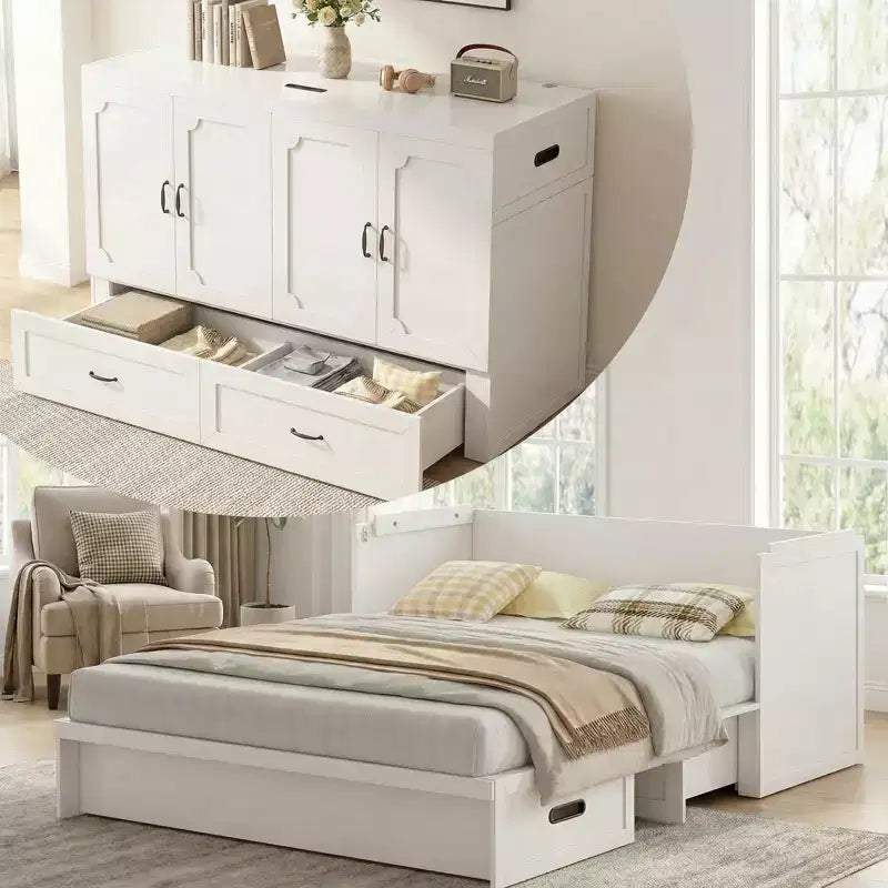 Mjkone Queen Size Convertible Murphy Cabinet Bed with Mattress, USB Charging, Storage Drawers