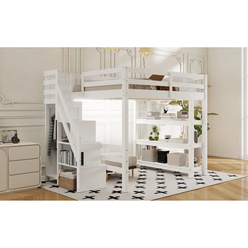 Hoch-/Etagenbett in Full-/Twin-Größe mit Stauraumtreppe – Regale, Kleiderschrank und LED-Beleuchtung, platzsparendes Design