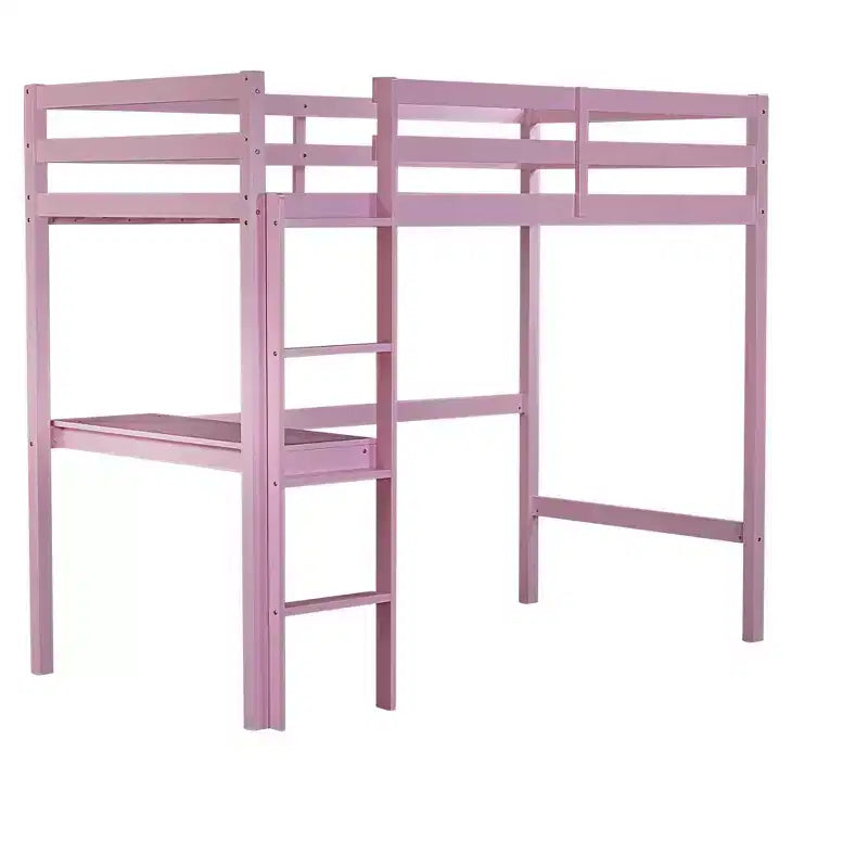 Okak Minimalism Loft Bed with Ladder, Rubber Wood Twin Loft Bed with Safety Guardrail and Build-In Desk, Bed Frames for Kids, Teenagers