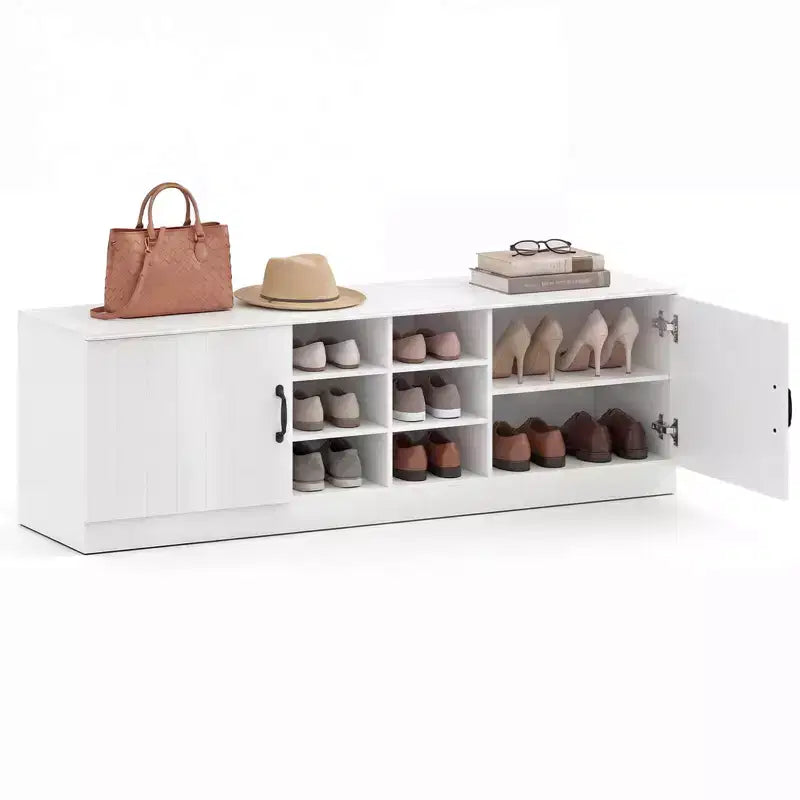 2-Door Shoe Bench wirh Adjustable Shelves Hidden Storage Space Natural + White/Whi5te