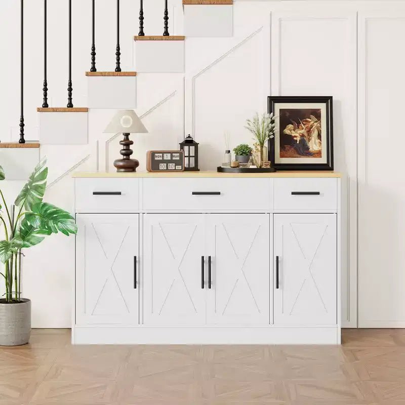 Celebalcony Buffet-Schrank mit Stauraum, 53,4 Zoll großer Küchenschrank mit 3 Schubladen und 4 Türen, verstellbarem Einlegeboden für Küche und Wohnzimmer