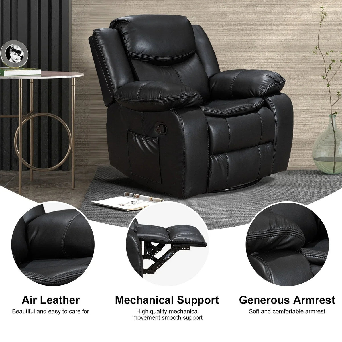 Fauteuil inclinable de massage et chauffant en cuir durable à assise large