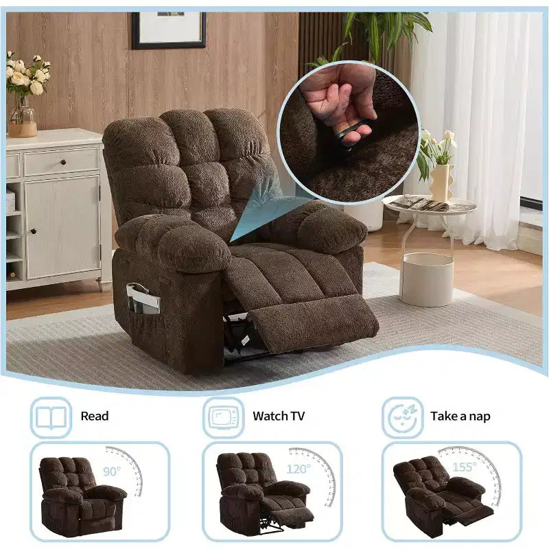 Handmatige relaxfauteuil, ergonomische ademende stoffen fauteuil met zijvakken, eenpersoonsbank, geschikt voor woonkamer en slaapkamer