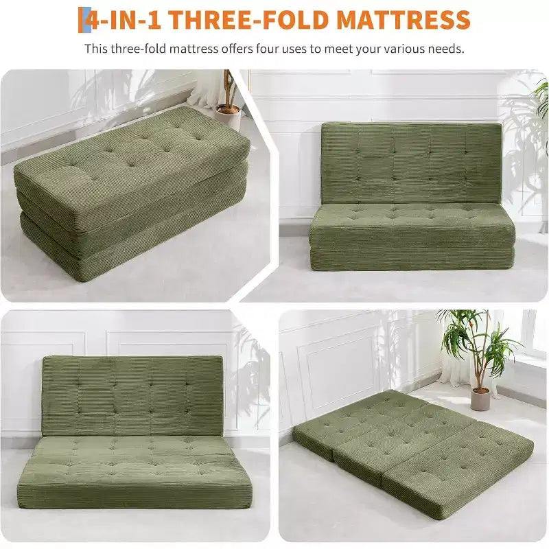 SunnyFurn 15,2 cm dreifach faltbares Matratzen-Sofa-Bett, 190,5 x 138 cm großes faltbares Schaumstoff-Gästebett mit Cordbezug und Knopfsteppung, tragbar für Camping, Wohnzimmer und Schlafzimmer