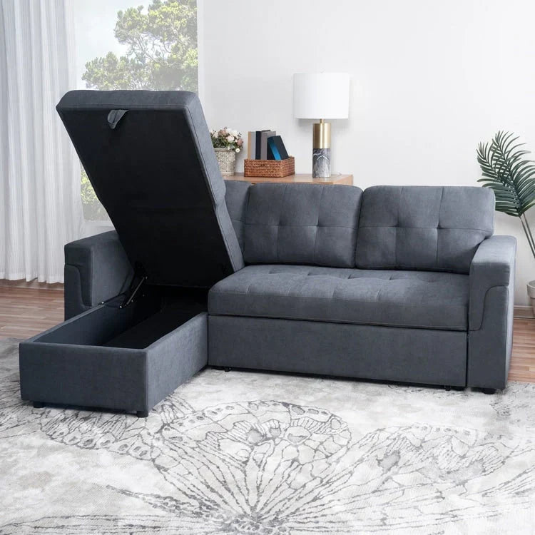 Divano componibile reversibile trasformabile con letto estraibile, chaise longue con contenitore nascosto e gambe resistenti