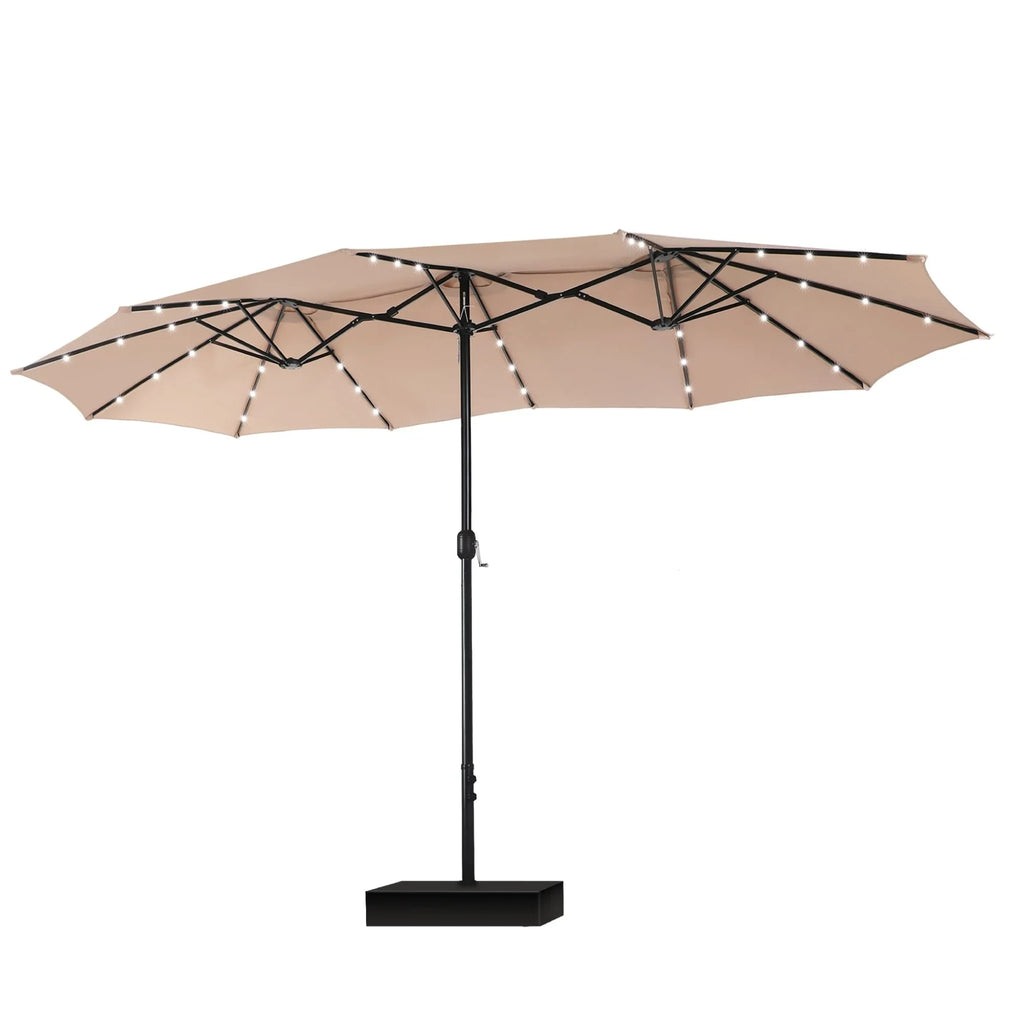 MAISON ARTS rechthoekige dubbelzijdige buitenparasol van 4,57 meter met slinger, zonnelampen en meegeleverde voet